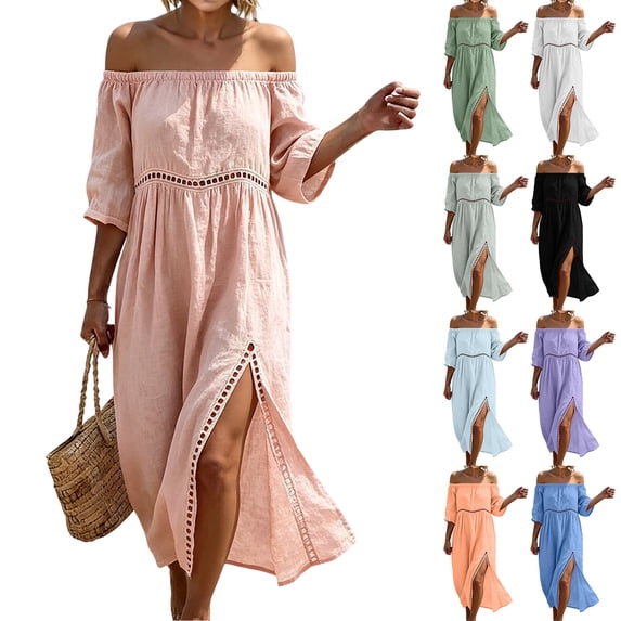 Lcziwo Womens Off Shoulder Midi Dress Cotton Lace Patchwork Flowy Beach Sundress Short Sleeve Side Slit Casual Dresses Light Blue,S