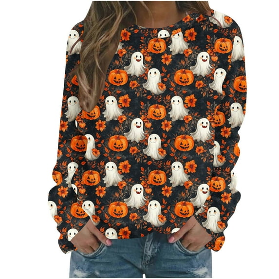 Lcziwo Womens Oversized Spooky Sweatshirt Casual Fashion Halloween Day Sweater Kawaii Ghost Graphic Crew Neck Pullover Long Sleeve Spooky Season Tops Multicolor,XL