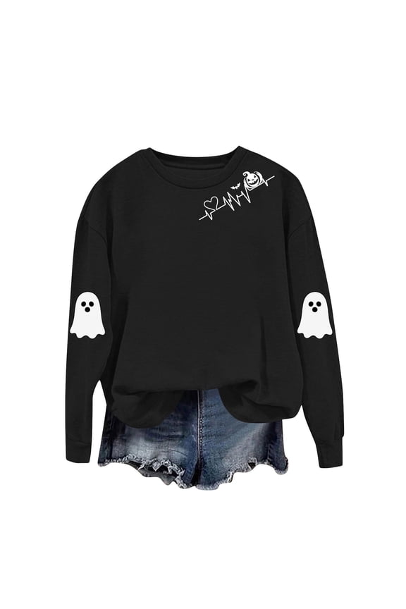 Womens Oversized Spooky Sweatshirt Casual Fashion Halloween Day Sweater Kawaii Ghost Graphic Crew Neck Pullover Long Sleeve Spooky Season Tops Black,S