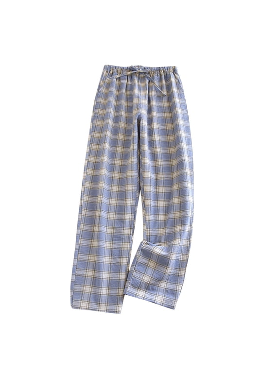 Womens Plaid Cotton Pajama Pants Elastic Waist Drawstring Trousers Loose Comfy Pj Bottoms with Pockets Light Blue,M