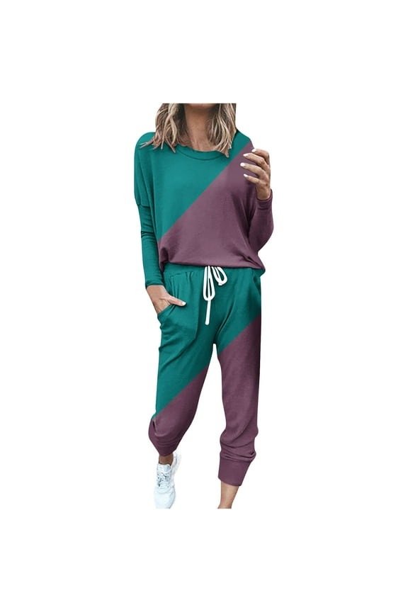 Womens Plus 2 Piece Outfits Spring Autumn Patchwork Casual Tracksuits Long Sleeve Long Pants Sweatsuits Athletic Jogging Pajama Sets Green,XXXL