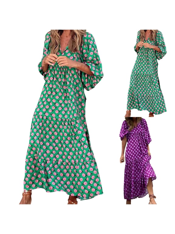 Womens Plus Size Boho Dresses Floral Print Ruffled Tiered Maxi Dress Puff Short Sleeve V Neck Flowy Vacation Sundress Green,XXXL