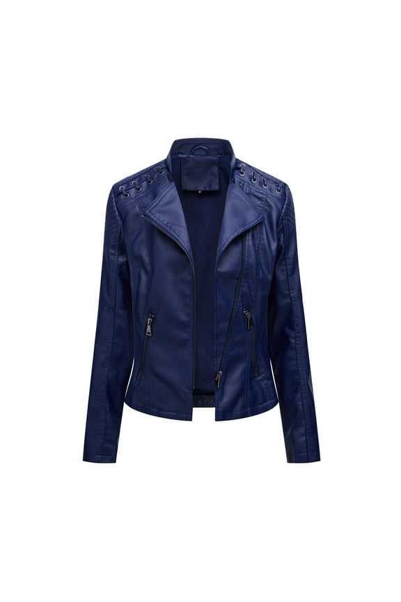 Womens Plus Size Leather Jackets Motorcycle Biker Casual Trendy 2025 Jackets Long Sleeve Plain Outerwear Zip Up Lapel Cardigan Coats Navy,M