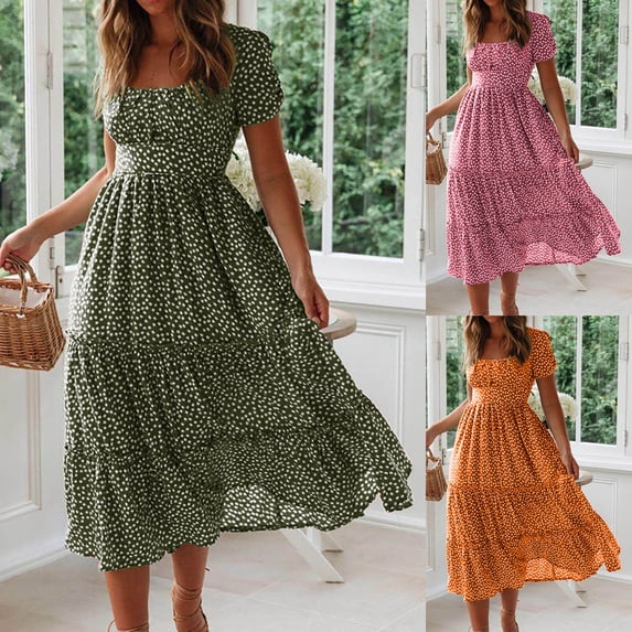 Lcziwo Womens Polka Dot Dresses Short Sleeve Square Neck Tiered Midi Dress Flowy High Waisted Summer Vacation Sundresses Orange,XXL