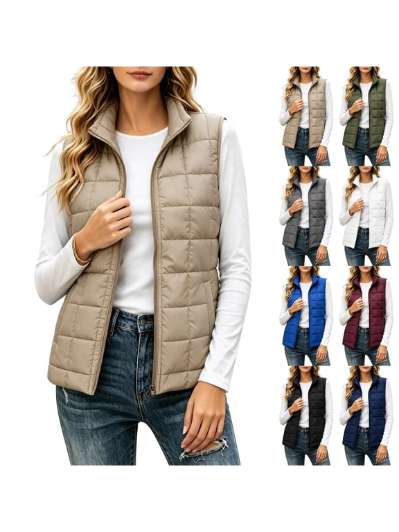Womens Puffer Vest Quilted Zip Up Stand Collar Lightweight Jackets Lining Casual Fall Winter Outerwear with Pockets White,L