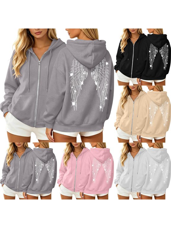 Womens Rhinestone Zip Up Hoodie Sequin Angel Wings Drawstring Sweatshirt Long Sleeve Sparkly Cute Y2K Jackets with Pockets Pink,L