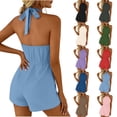 thumbnail image 1 of Lcziwo Womens Rompers with Shorts Casual Lace Up Halter Neck Backless Overalls Elastic Waist Pockets Solid Summer Jumpsuits 2026 Pink,L, 1 of 9