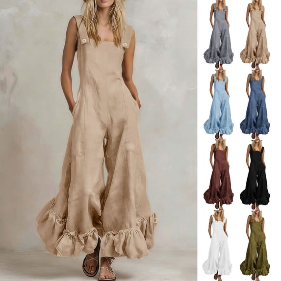Lcziwo Womens Ruffle Hem Overalls Sleeveless Wide Leg Solid Cotton Pant Rompers Runway Style Elegant Casual Loose Jumpsuits with Pockets Wine,XXL