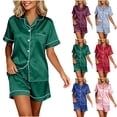thumbnail image 1 of Lcziwo Womens Satin 2 Piece Pajama Sets Short Sleeve Button Down Collared Shirts and Shorts Matching Set Soft Loungewear Purple,M, 1 of 7