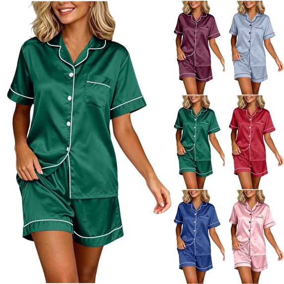 Lcziwo Womens Satin 2 Piece Pajama Sets Short Sleeve Button Down Collared Shirts and Shorts Matching Set Soft Loungewear Purple,M