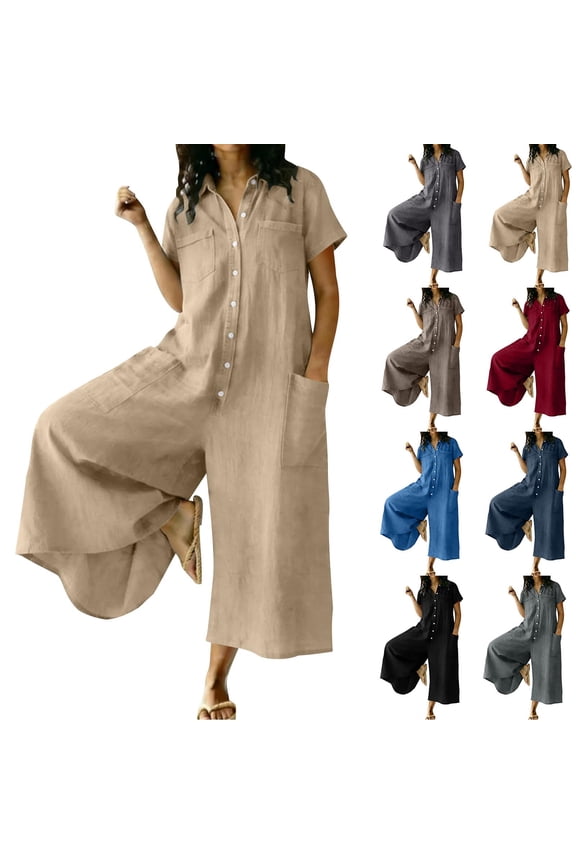 Womens Short Sleeve Jumpsuits Cotton Linen Button Down Collared Overalls Wide Leg Loose Fit Casual Lounge Rompers with Pockets Dark Gray,XL