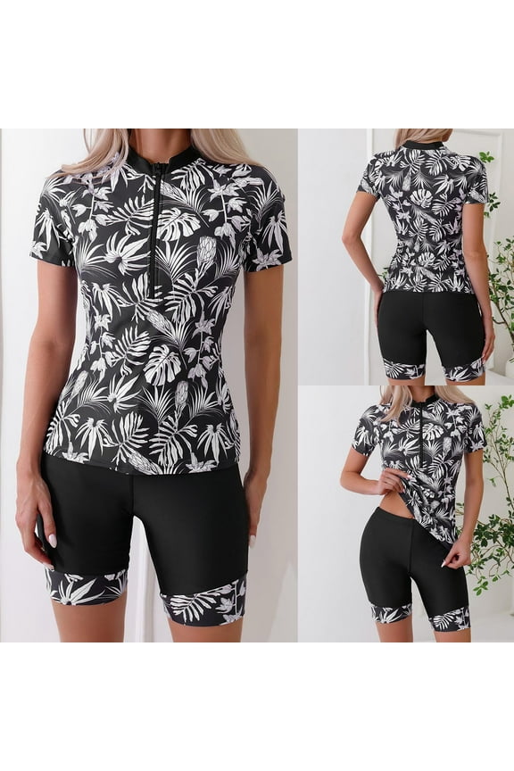 Womens Short Sleeve Rash Guard Two Piece Zipper Printed Swimsuits Surfing Slimming Bathing Suit with Shorts Black,L