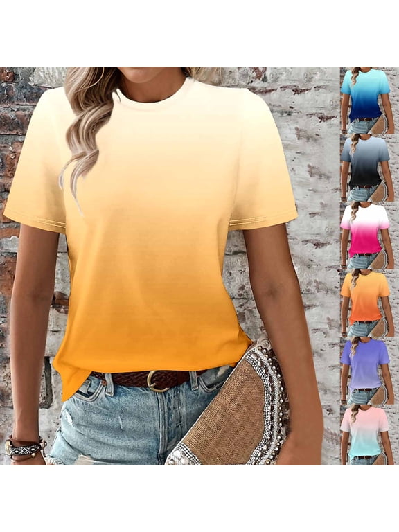 Womens Short Sleeve Shirts Cotton Gradient Crew Neck Casual Loose Blouses 2026 Summer Trendy Vacation Ombre Outfits Pink,S