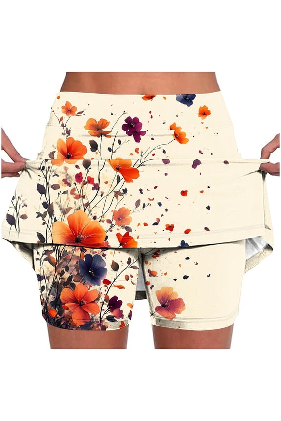 Womens Skirts Midi Length Stretchy Bohemian Print Skirt Tennis Workout Running Skorts Casual Summer Pocket Skirts White,M