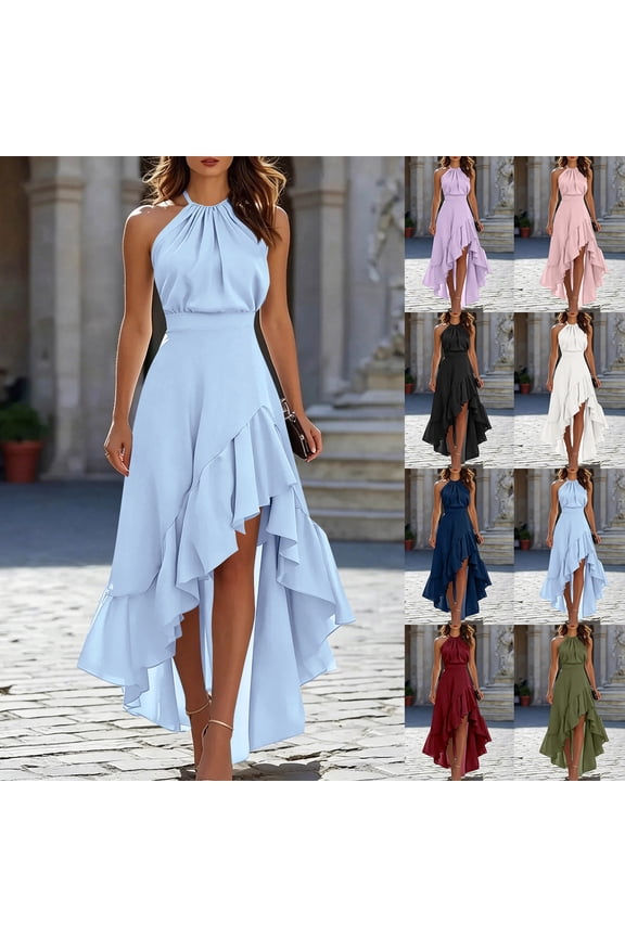 Womens Sleeveless Summer Dresses Ruffle Hem Cinched Waist Pleated Dress High Low Flowy Cocktail Party Sundress Wine,M