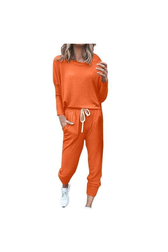 Womens Soft Sweatsuits 2 Piece Set Long Sleeve Long Pants Tracksuits Plain Spring Fall Sweatsuits 2025 Orange,XL
