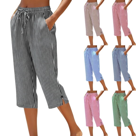 Lcziwo Womens Striped Capri Pants Elastic High Waisted Side Slit Cropped Pants Drawstring Cotton Casual Summer Pockets Trousers 2026 Green,M