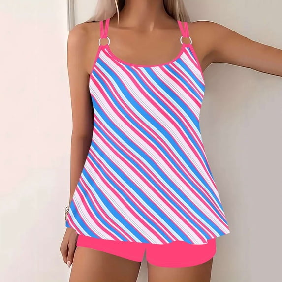 Lcziwo Womens Striped Print Tankini Two Piece Tummy Control Summer Swimwear Tank Top with Boyshorts Bathing Suit Hot Pink,XL
