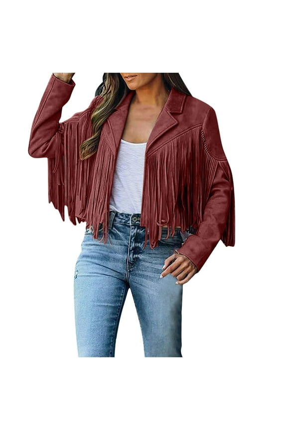 Womens Suede Jackets Long Sleeve Lapel Faux Leather Jackets Fringe Tassels Cowboy Coats Casual 2025 Cropped Jackets Wine,M