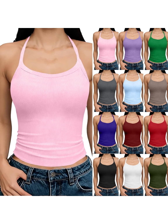 Womens Summer Tank Tops Halter Backless Sleeveless Solid Cami Shirts Lightweight Ribbed Going Out Tee Pink,XL
