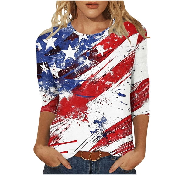 Lcziwo Womens Summer Tops 4th of July Casual Trendy Summer 2025 Shirts American Flag Patriotic Tunic Tops 3/4 Sleeve Round Neck Comfy Blouses Red,L