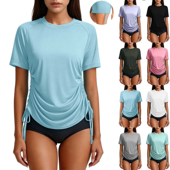 Lcziwo Womens Sun Protection Shirts Short Sleeve Side Drawstring Ruched Rash Guard UPF 50+ Casual Summer Beach Swim Tops Black,XL