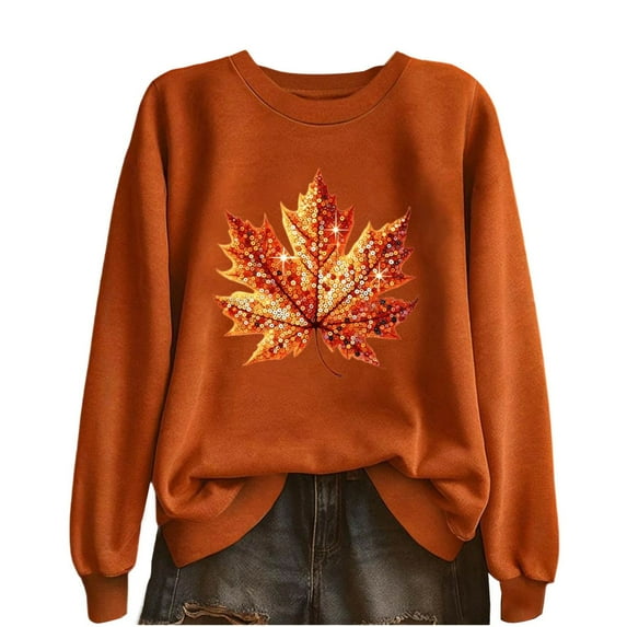 Lcziwo Womens Thanksgiving Sweatshirt Glitter Maple Leaf Graphic Tops Long Sleeve Round Neck Pullover Casual 2025 Fall Winter Fashion Outfits Orange,S