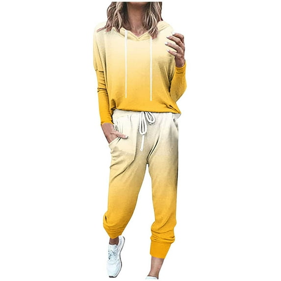 Lcziwo Womens Tracksuit Jogger Sets Two Piece Outfits Set Long Sleeve Long Pants Tracksuits Gradient Spring Fall Sweatsuits 2025 Yellow,M