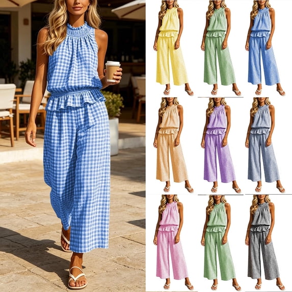 Lcziwo Womens Two Piece Sets Elastic Waist Ruffle Trim Tank Tops Wide Leg Pant Set Gingham Casual Beach Vacation Lounge Set Green,L