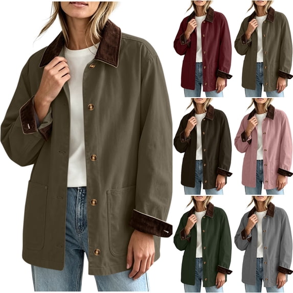 Lcziwo Womens Utility Barn Jackets Corduroy Collar Button Down Casual Coats Lightweight Vintage Casual Loose Outerwear with Pockets Gray,XXL