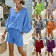 thumbnail image 1 of Lcziwo Womens V Neck Two Piece Sets Cotton Linen Elegant Travel Outfits Batwing Sleeve Loose Shirts with Drawstring High Waist Shorts Blue,XL, 1 of 9