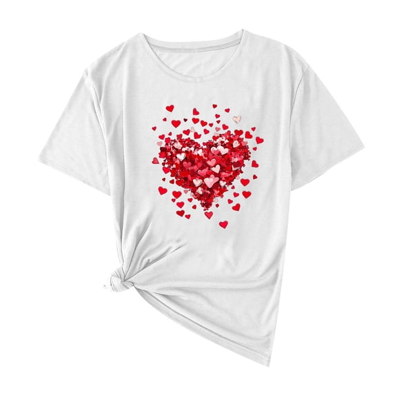 Lcziwo Womens Valentines Day Shirts Short Sleeve Round Neck Blouses Funny Heart Print Tunic Tees White,M