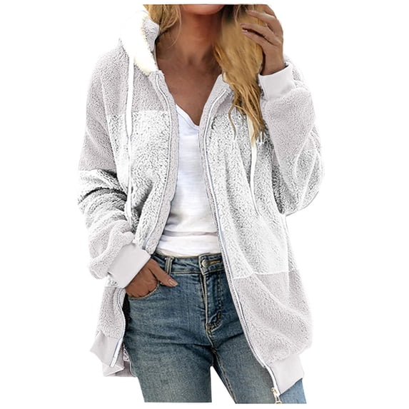 Lcziwo Womens Warm Winter Coat Zipper Hoodies Open Front Coats Fleece Thermal Outerwear Color Block Patchwork Jackets with Pockets Gray,XXL