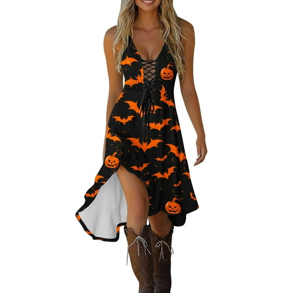 Lcziwo Womens Western Dress for Halloween Gothic Casual Midi Sundress Pumpkin Bat Graphic Sleeveless Outfits Ruffed Vintage Cowgirl Summer Dress Multicolor,M