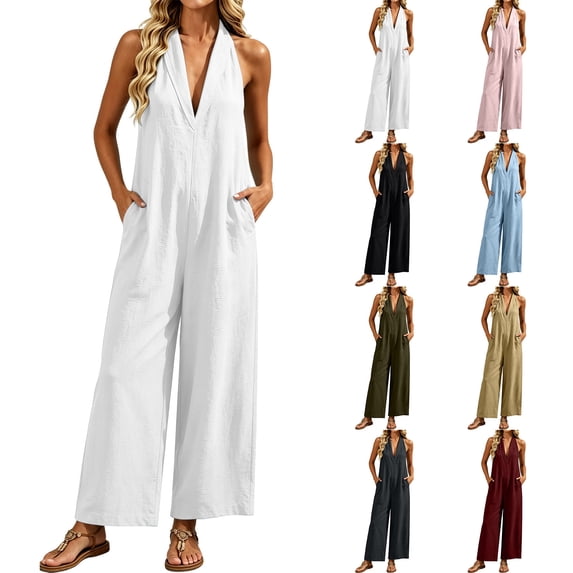 Lcziwo Womens Wide Leg Cotton Jumpsuits Sleeveless Halter V Neck Solid Overalls Baggy Casual Summer Vacation Rompers with Pockets Khaki,XXXL