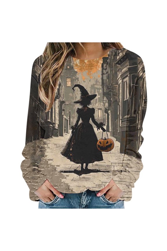 Womens Witch Sweatshirt 2025 Fall Casual Long Sleeve Tops Crew Neck Graphic Print Loose Shirts Horror Movie Oversized Basic Pullover Multicolor,XL