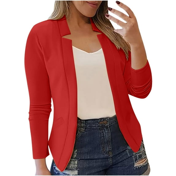 Lcziwo Womens formal Jacket Long Sleeve Notch Collar Cardigan Blazer Open Front Office Work Jackets Solid Color 2025 Outerwear Red,S