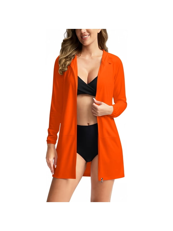Zip Up Hoodie Jacket for Women Sun Protection Lightweight Long Jackets Long Sleeve Summer Beach Swim Cover Up with Pockets Orange,L