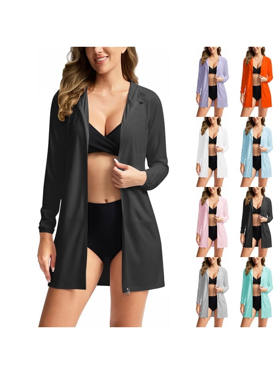 Zip Up Hoodie Jacket for Women Sun Protection Lightweight Long Jackets Long Sleeve Summer Beach Swim Cover Up with Pockets White,XL