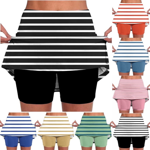 Lcziwo womens skirts with pockets Striped Print Tennis Skorts High Waist Fitted Running Workout Skorts Summer 2026 Orange,L