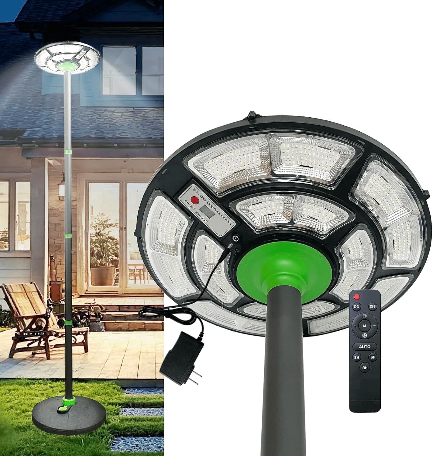 83.5″ Solar Lamp Post with Aluminum Pole & Portable Base, Waterproof Dusk to Dawn Motion Sensor 692-LED Street Light with Plug and DC Port for Yard, Driveway, Patio Outdoor Lighting
