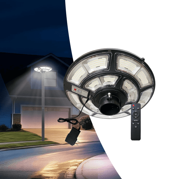 Ldcallinfine Outdoor Solar Lamp Post Light, 692 LED Post Light Fixture with Motion Sensor, Remote, IP65 Waterproof Dusk to Dawn Yard Garden Street Lighting with Plgu-in DC Charging Port