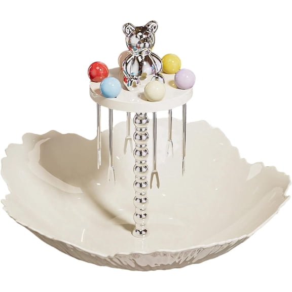 Ldqwztv Petal-Shaped Fruit Tray with Built-in Fork, Pedestal Dessert Fruit Plate with 6 Stainless Steel Colorful Fruit Forks, Cute Crystal Bowl for Trifle, Party & Home Decor(1Pcs, B)