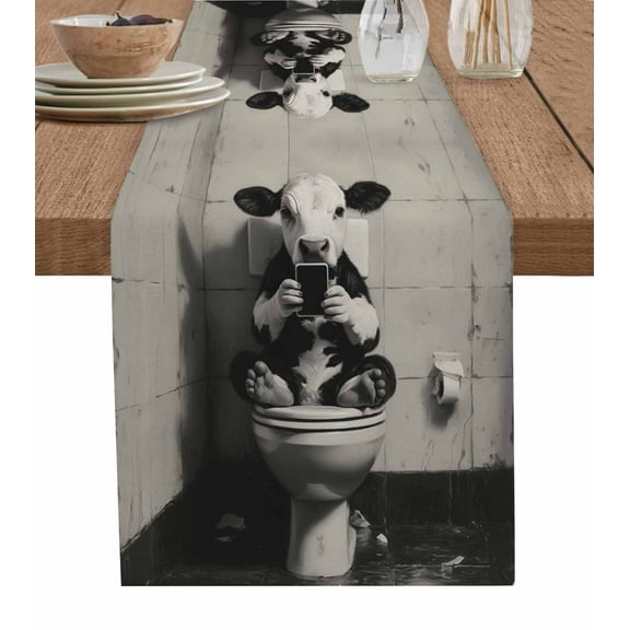 Ldtrchee Bathroom Calf Table Runner 36 Inches, Toilet Animals Vintage Bed Runner Dresser Scarves Tabletop for Indoor Outdoor Parties/Ceremony/Banquet, 13"x 36"