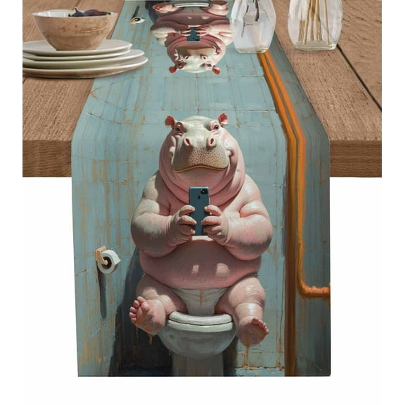 Ldtrchee Bathroom Hippo Table Runner 36 Inches, Toilet Animals Vintage Bed Runner Dresser Scarves Tabletop for Indoor Outdoor Parties/Ceremony/Banquet, 13"x 36"