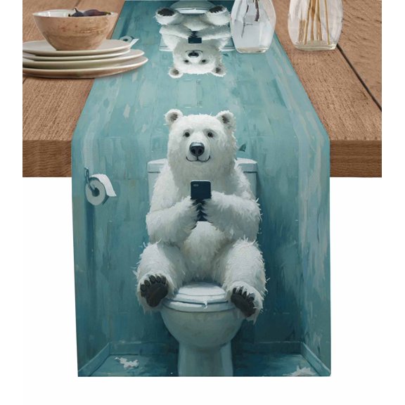 Ldtrchee Bathroom Polar Bear Table Runner 48 Inches, Toilet Animals Vintage Bed Runner Dresser Scarves Tabletop for Indoor Outdoor Parties/Ceremony/Banquet, 13" x 48"