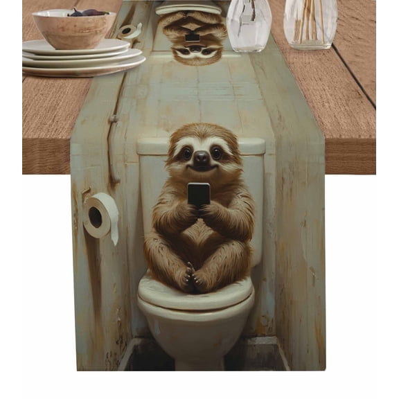 Ldtrchee Bathroom Sloth Table Runner 36 Inches, Toilet Animals Vintage Bed Runner Dresser Scarves Tabletop for Indoor Outdoor Parties/Ceremony/Banquet, 13"x 36"