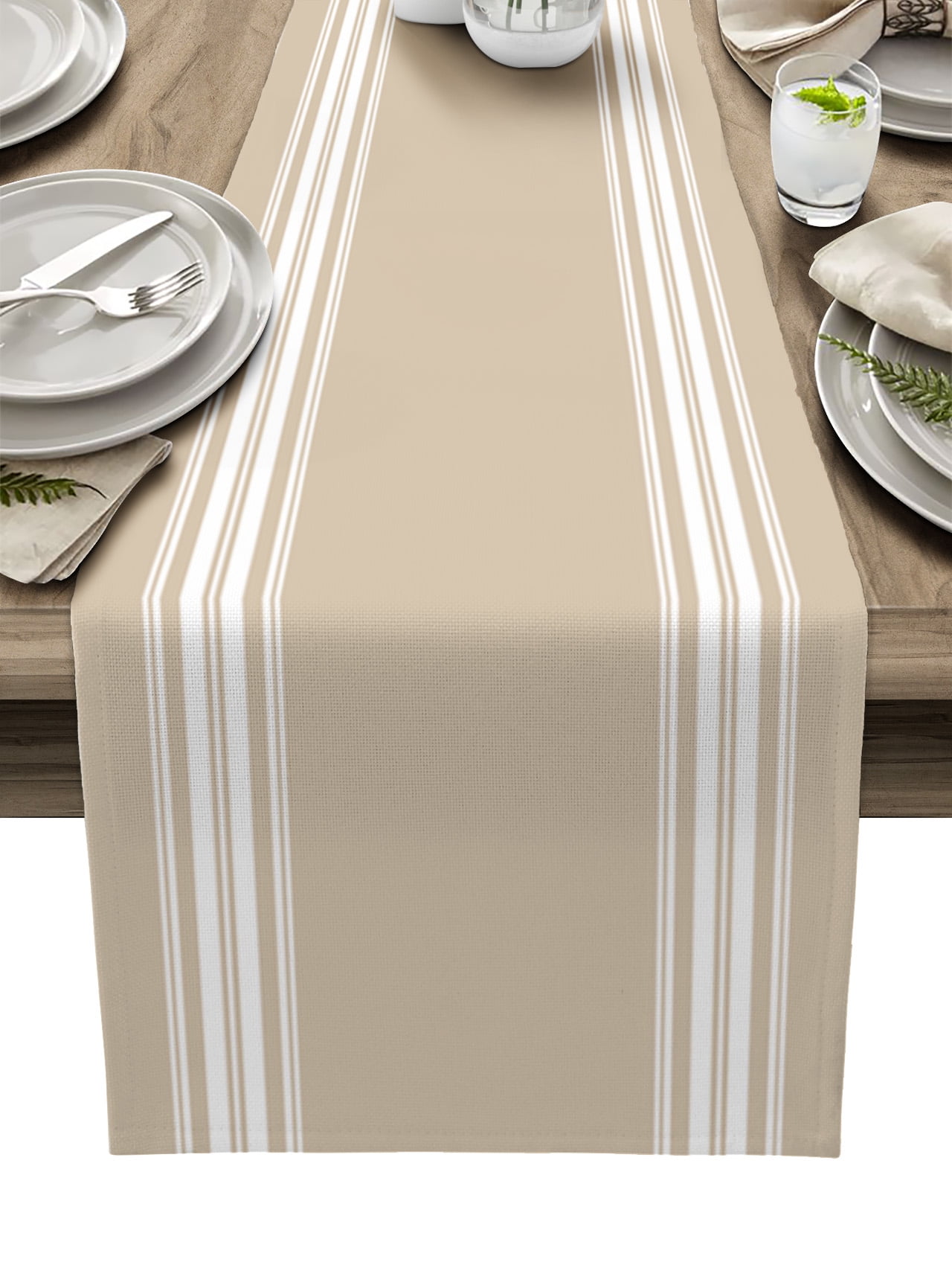 Ldtrchee Beige Striped Table Runner 72 Inches, Farmhouse Luxurious White Stripes Modern Abstract Art Bed Runner Dresser Scarves Tabletop for Indoor Outdoor Parties/Ceremony/Banquet, 14" x 72"
