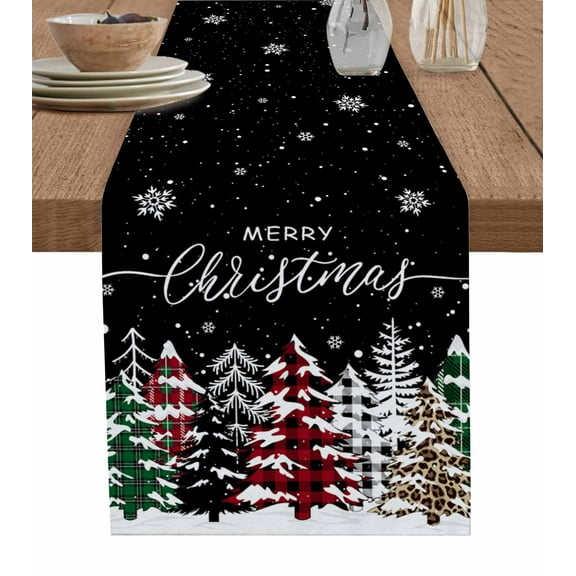 Ldtrchee Black Christmas Tree Table Runner 60 Inches, Winter Xmas Tree Snowflake Bed Runner Dresser Scarves Tabletop for Indoor Outdoor Parties/Ceremony/Banquet, 13" x 60"