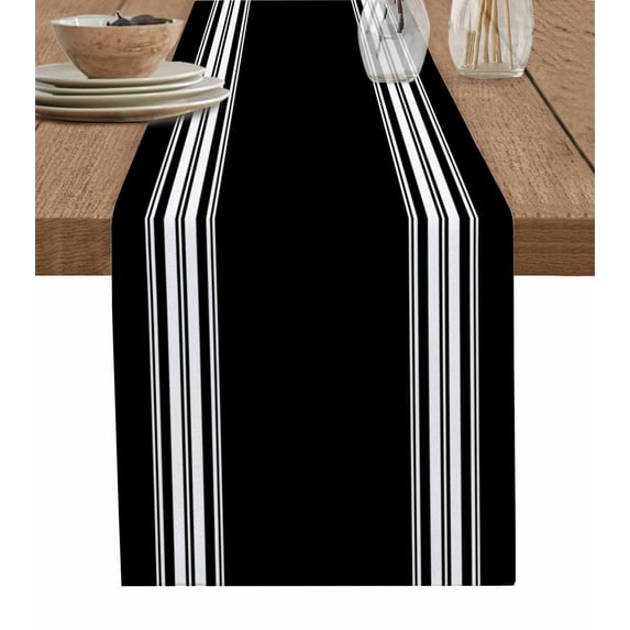 Ldtrchee Black Striped Table Runner 36 Inches, Farmhouse Black White Stripes Bed Runner Dresser Scarves Tabletop for Indoor Outdoor Parties/Ceremony/Banquet, 13"x 36"